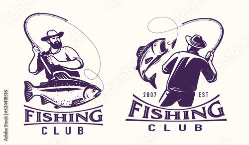 Fishing logo badge set. Fisherman catches fish on spinning rod logo. Sport fishing club emblem vector illustration