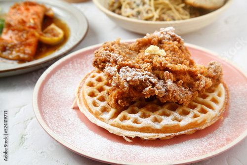 Freshly cooked waffles and fried chicken fillet