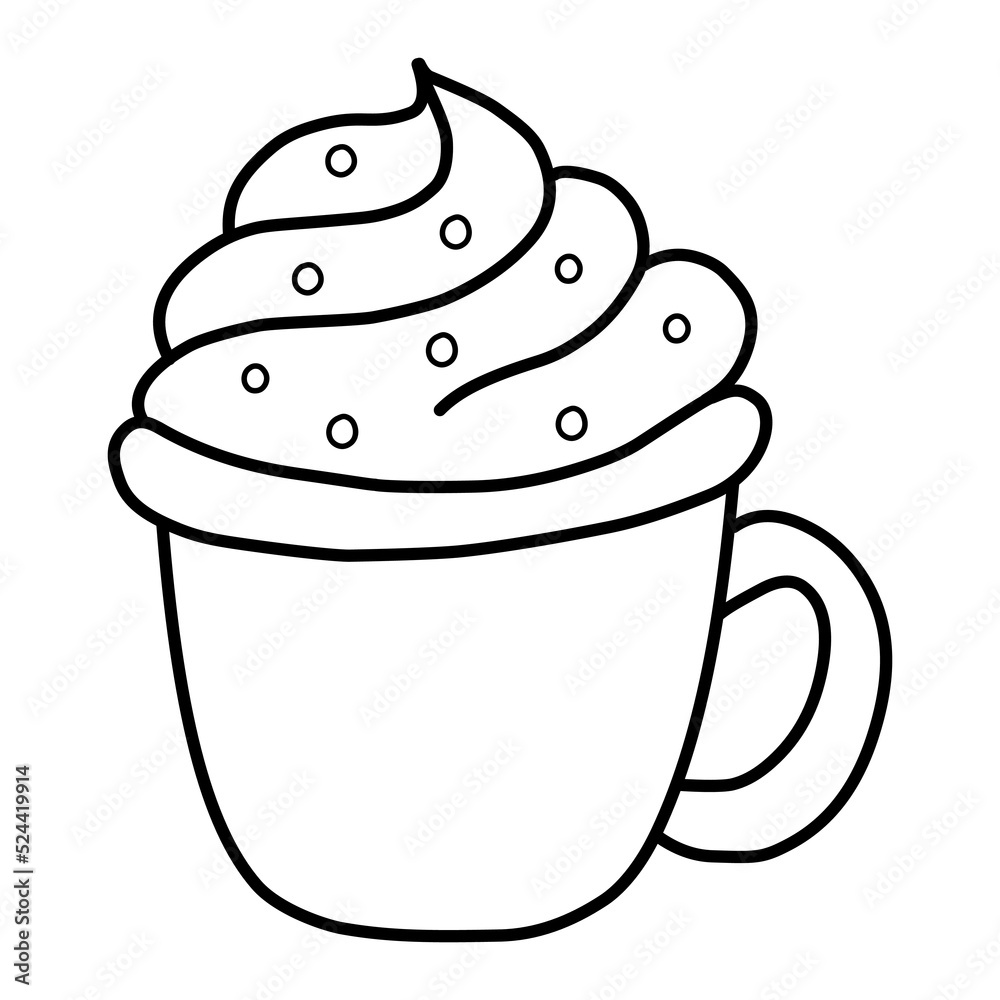 A cup of hot cocoa with cream, highlighted on a white background. Vector hand-drawn illustration in doodle style. Perfect for holiday and Christmas designs, postcards, logos, decorations. A cup of hot cocoa with cream, highlighted on a white background. Vector hand-drawn illustration in doodle style. Perfect for holiday and Christmas designs, postcards, logos, decorations.