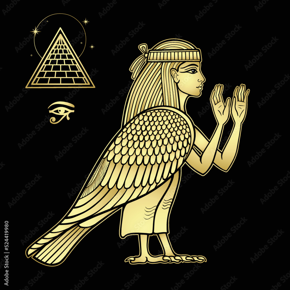 Animation portrait: mystical goddess of ancient Egypt with head and arms of  a man and body of a falcon. View profile. Pyramid symbol. Vector  illustration isolated on a black  imitation. Stock