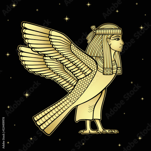 Animation portrait: mystical goddess of ancient Egypt with head of a woman and body of a falcon. View profile. Vector illustration isolated on a  black background. Gold imitation.