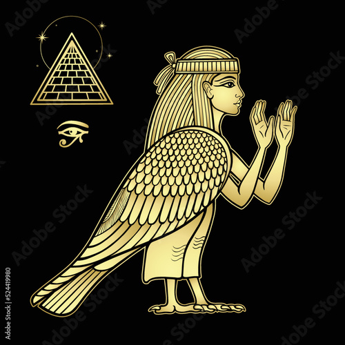 Animation portrait: mystical goddess of ancient Egypt with head and arms of a man and body of a falcon. View profile. Pyramid symbol. Vector illustration isolated on a black background.Gold imitation.
