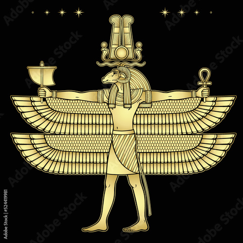 Animation portrait: Ancient Egyptian god Khnum with the head of a ram and many wings holds magical symbols. View profile. Full growth.Vector illustration isolated on a black background. 