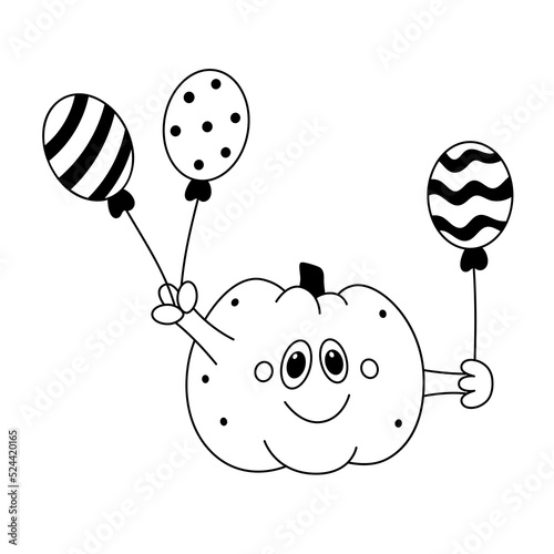 Vector doodle cartoon happy pumkin with balloons.Kid festive halloween clipart.Outline.Isolated on white background.