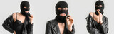 Set of young woman in balaclava and with lipstick on light background