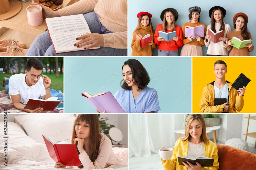 Collage of different people with books Collage of different people with books