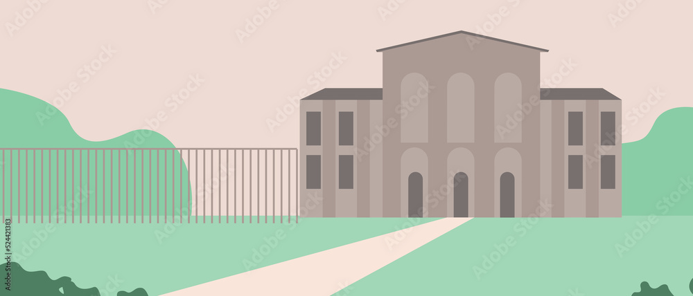 Schoolyard with lawn and no people, flat vector stock illustration with outside building as copy space template Schoolyard with lawn and no people, flat vector stock illustration with outside building as copy space template
