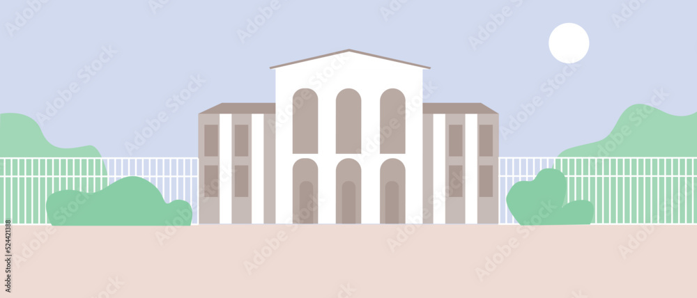 Schoolyard and nobody as template for design, flat vector stock illustration with outside school building