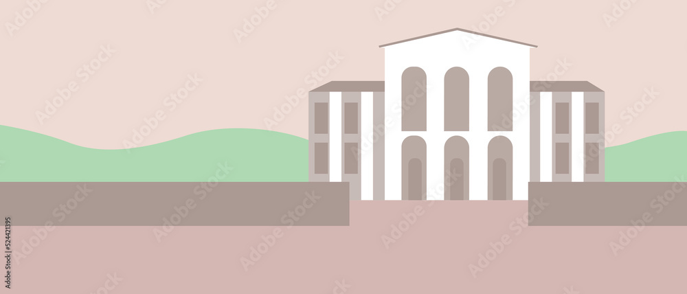 School architecture and greenery as template for design and overlay, flat vector stock illustration with outside building and no people School architecture and greenery as template for design and overlay, flat vector stock illustration with outside building and no people