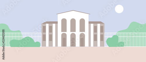 Schoolyard and nobody as template for design  flat vector stock illustration with outside school building