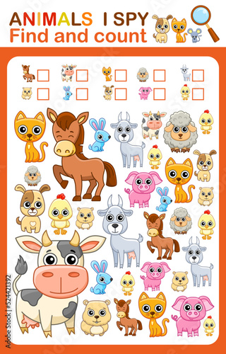 Printable worksheet for kindergarten and preschool book page. I spy. Count farm animals, vector illustration