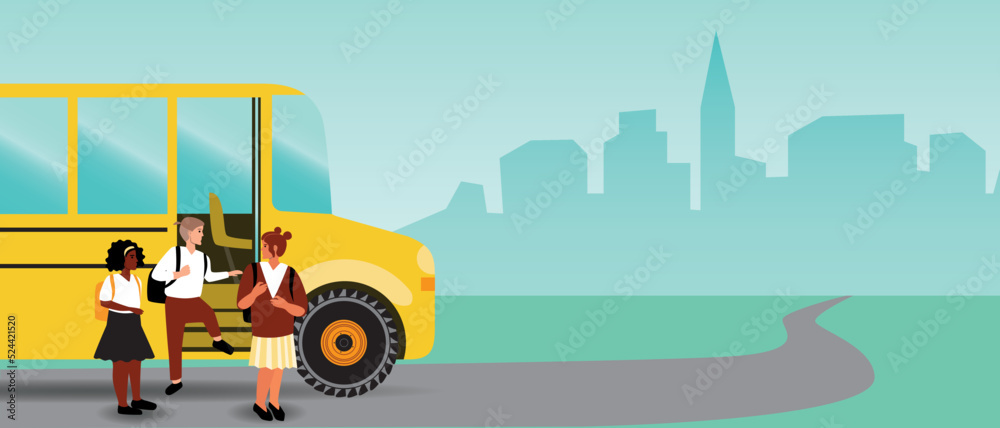 Classmates outside school bus, flat vector stock illustration with kids or copy space template for design and overlay