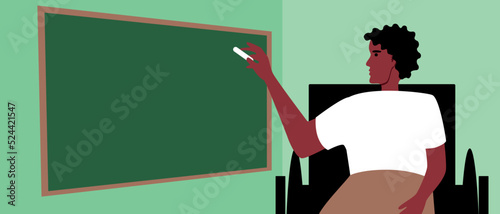 African schoolboy or disabled person in wheelchair at blackboard, flat vector stock illustration as copy space template with space for text for design