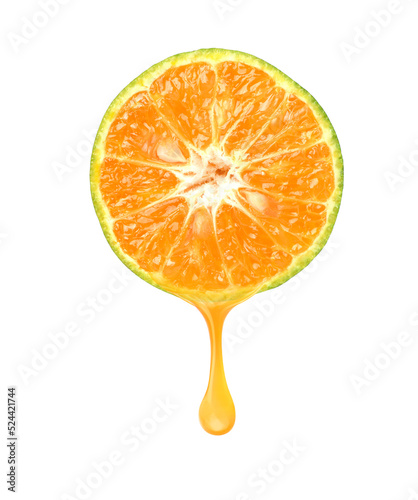 Tangerine orange juice dripping isolated on white background. Clipping path.