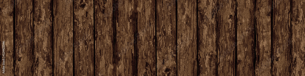 Old brown wooden log wall wide texture. Weathered wood rustic panoramic background