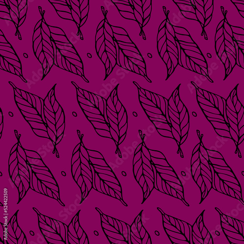 Textile design Seamless pattern with stylized outline leaves on dark pink background Vector Illustration for wallpaper, fabric