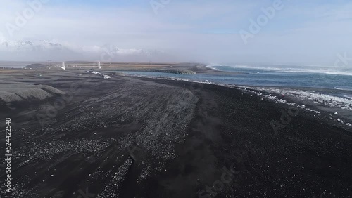 Austurland, Iceland - July 19, 2019: Aerial view of bridge in Diamond Beach, Iceland