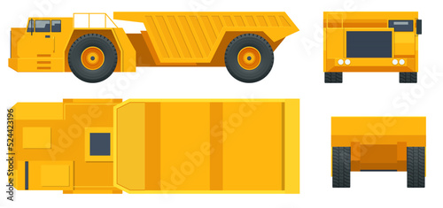 Mine dump truck, Dumper. Underground truck 20 tonne underground truck for small to medium-scale underground operations.Trucks for haul, dump and excavation View front, rear, side and top.