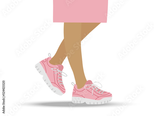 Girl legs with pink sneakers. Bright sport footwear. Running comfortable shoes. Pink Sneakers for jogging and sports. Modern fashion sneakers shoes. Flat Vector isolated on white background