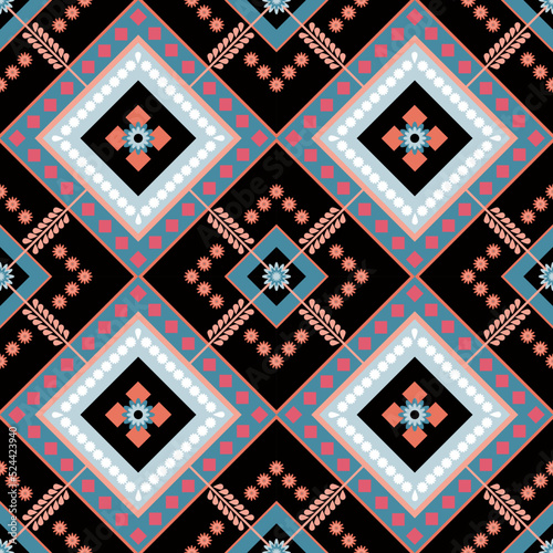 Abstracts geometric ornament ethnic style border design artwork textile white pink blue green black tone.