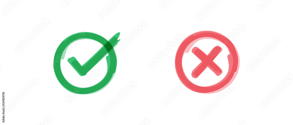 Hand Drawn Green Check Mark and Red Cross Set, Isolated on White Background. Felt Tip Pen Design. Hand Drawn Green Check Mark and Red Cross Set, Isolated on White Background. Felt Tip Pen Design.
