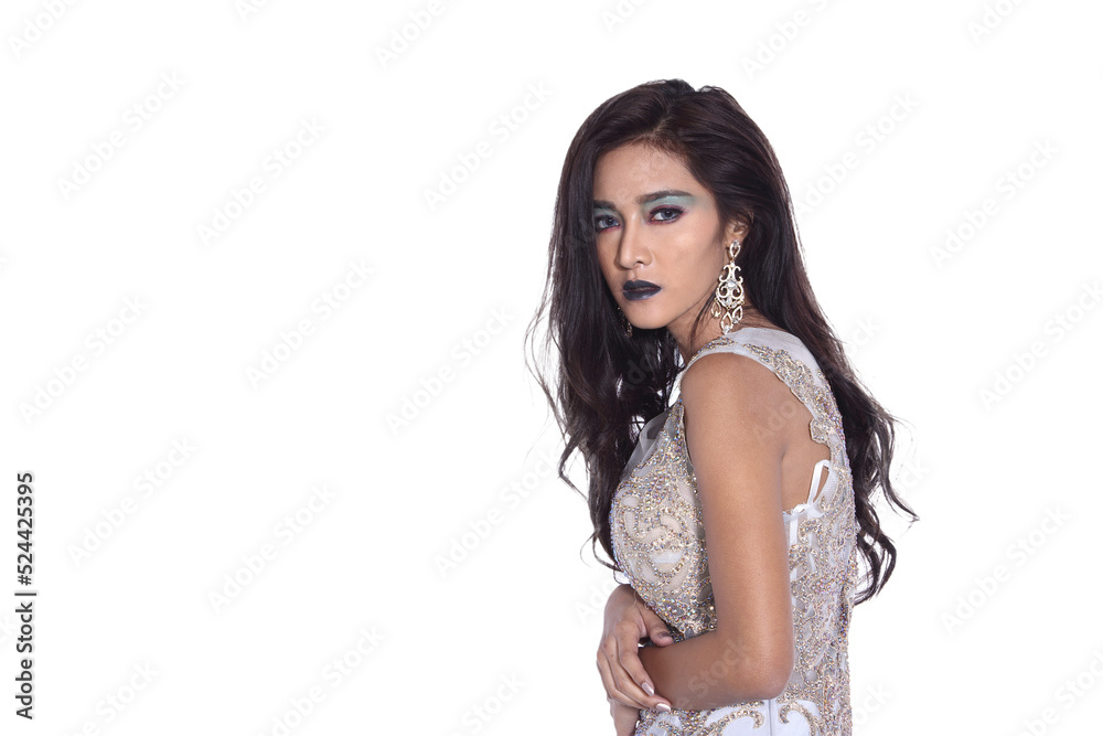Beautiful woman wear evening glamour gown long ball luxury dress which elegance person lady can wear with stylish coiffure and pose like gorgeous jewelry, white background isolated Beautiful woman wear evening glamour gown long ball luxury dress which elegance person lady can wear with stylish coiffure and pose like gorgeous jewelry, white background isolated