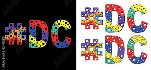 Hashtag #DC set. Multicolor bright funny cartoon colorful doodle bubble isolated text. Rainbow colors. Hashtag #DC is abbreviation for the US American District of Columbia for print, social network.