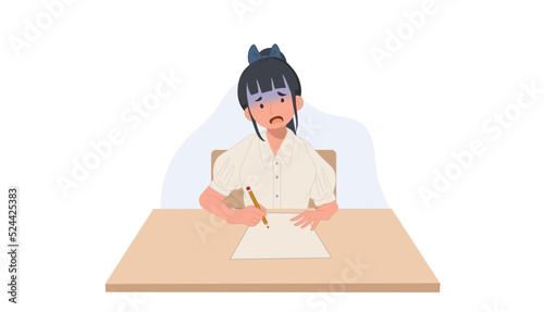 girl in student Uniform getting worry when doing an exam. Student girl can't do the exam. stressful, worried. Asian student. Vector illustration.