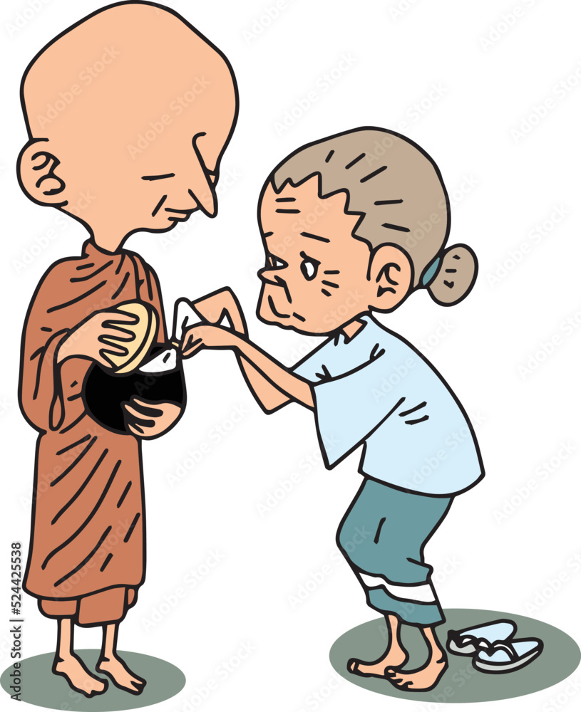Grandmother giving alms to monks