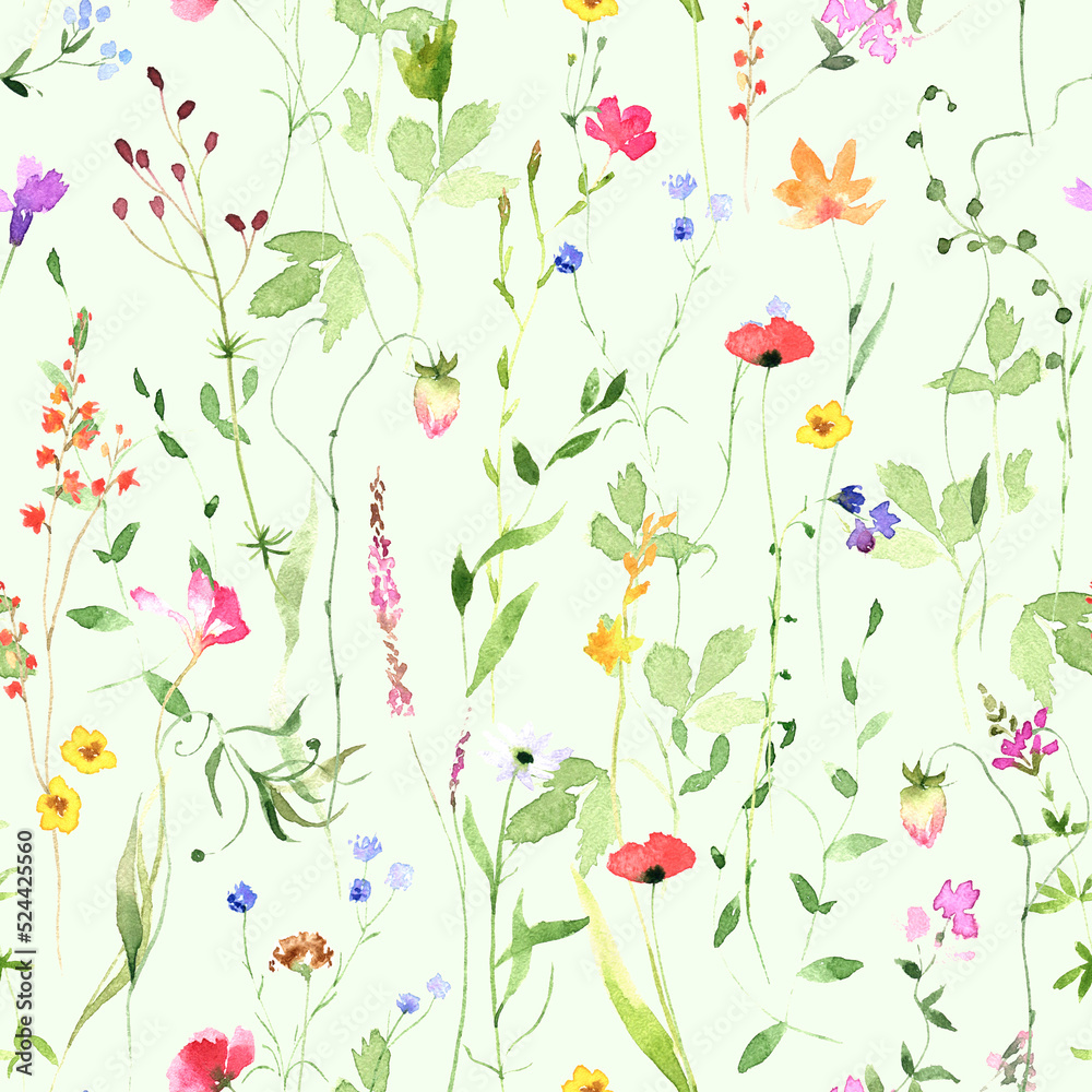 Watercolor wildflowers seamless pattern. Hand-painted illustration on light green background. Botanical floral design.