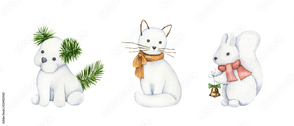 Watercolor set of snow animals. Cute cartoon characters illustration. Winter funny dog, cat, squirrel. New Year clipart. Templates for greeting cards, scrapbooking, congratulations, invitations