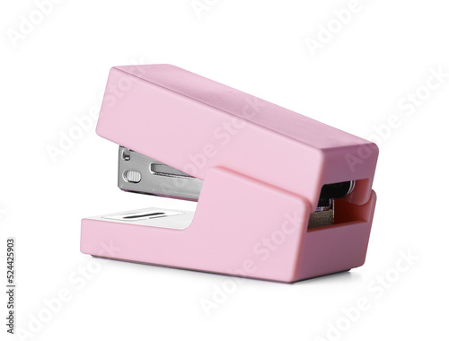 Modern pink stapler on white background