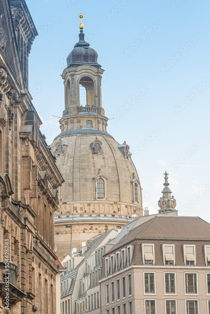 Church of Our Lady at Neumarkt square in downtown of Dresden in summer sunny day with blue sky, Germany, details, closeup.