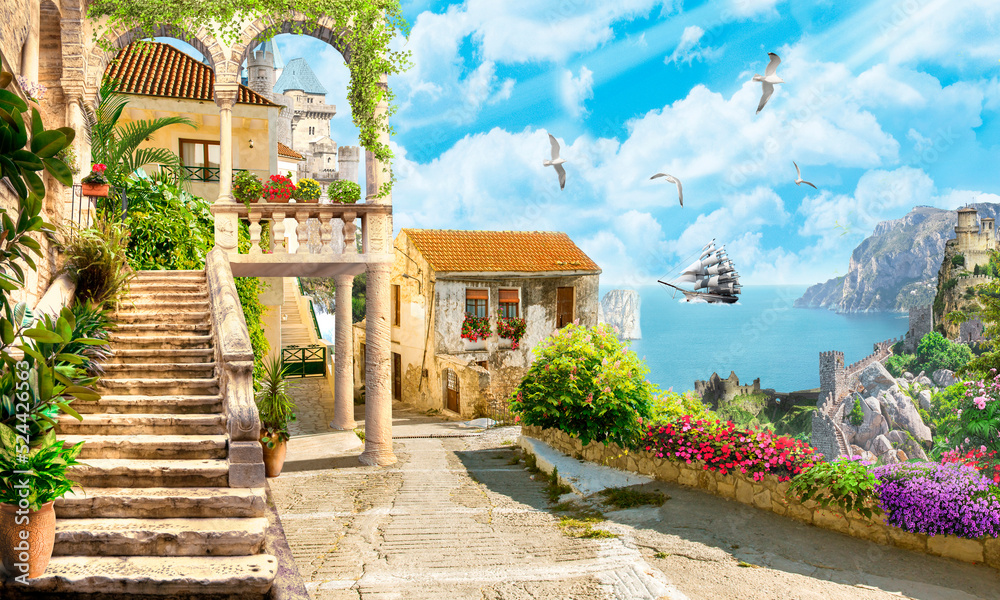Seascape, a sailing ship enters the bay to the pier. Photo wallpapers. mediterranean landscape. Seascape, a sailing ship enters the bay to the pier. Photo wallpapers. mediterranean landscape.