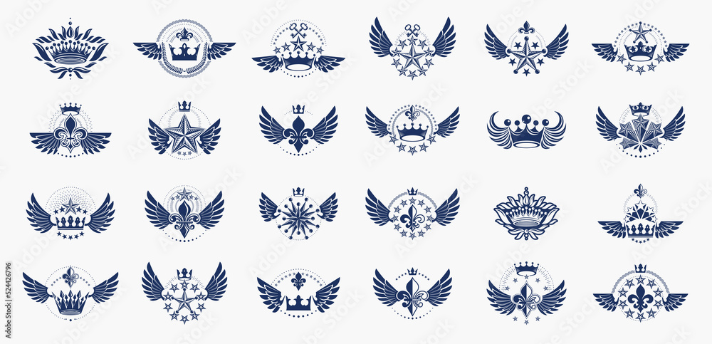 Fototapeta premium Crowns vintage heraldic emblems vector big set, antique heraldry symbolic badges and awards collection with coronets, classic style design elements, family emblems.