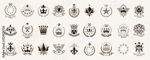 Heraldic Coat of Arms with Lily Flower and crowns symbol vector big set, vintage antique heraldic badges and awards collection, symbols in classic style design elements, De Lis.