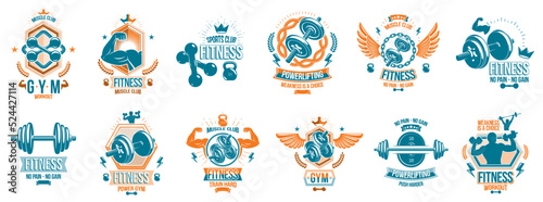 Gym fitness sport emblems and logos vector set isolated with barbells dumbbells kettlebells and muscle body man silhouettes and hands, athletics workout sport club, active lifestyle.