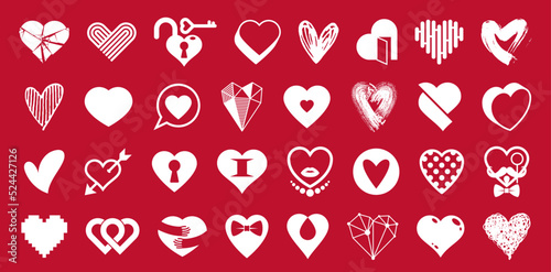 Collection of hearts vector logos or icons set, heart shapes of different styles and concepts symbols, love and care, health and cardiology, geometric and low poly.