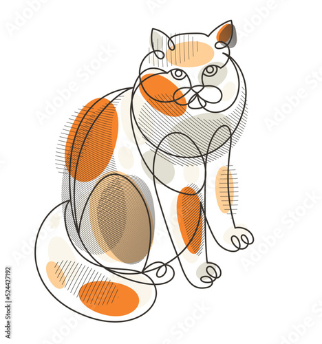 Nice cute cat linear vector illustration, line art drawing of pussycat relaxing, artistic outline minimal sketch of fat and lazy cat.