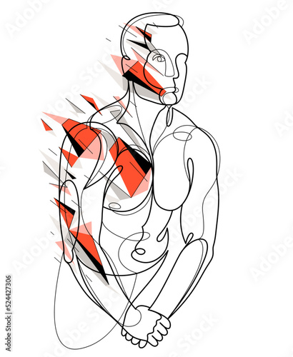 Linear drawing of a perfect body fit model man posing vector illustration isolated, muscular macho sexy guy with naked torso topless.