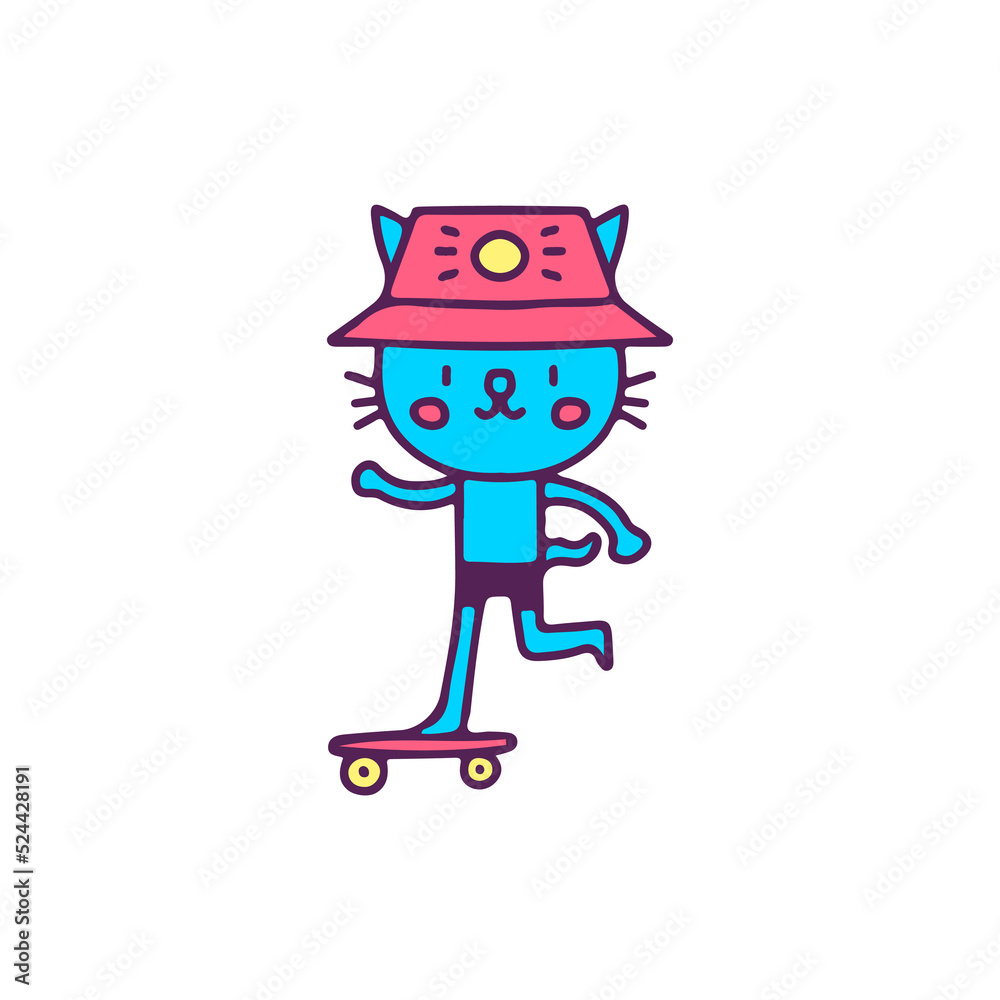 Hype cat wearing bucket hat riding skateboard, illustration for t-shirt, sticker, or apparel merchandise. With doodle, retro, and cartoon style. Hype cat wearing bucket hat riding skateboard, illustration for t-shirt, sticker, or apparel merchandise. With doodle, retro, and cartoon style.