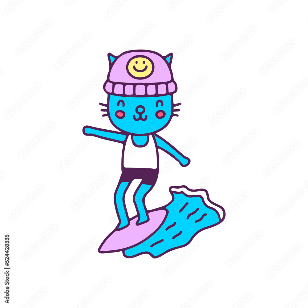 Cool cat in beanie hat surfing, illustration for t-shirt, sticker, or apparel merchandise. With doodle, retro, and cartoon style. Cool cat in beanie hat surfing, illustration for t-shirt, sticker, or apparel merchandise. With doodle, retro, and cartoon style.