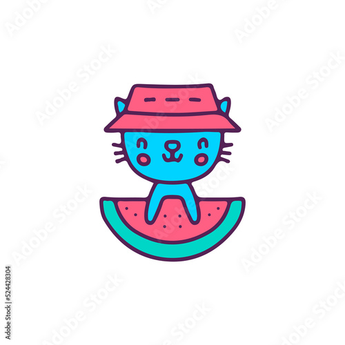 Adorable cat wearing bucket hat with watermelon, illustration for t-shirt, sticker, or apparel merchandise. With doodle, retro, and cartoon style.