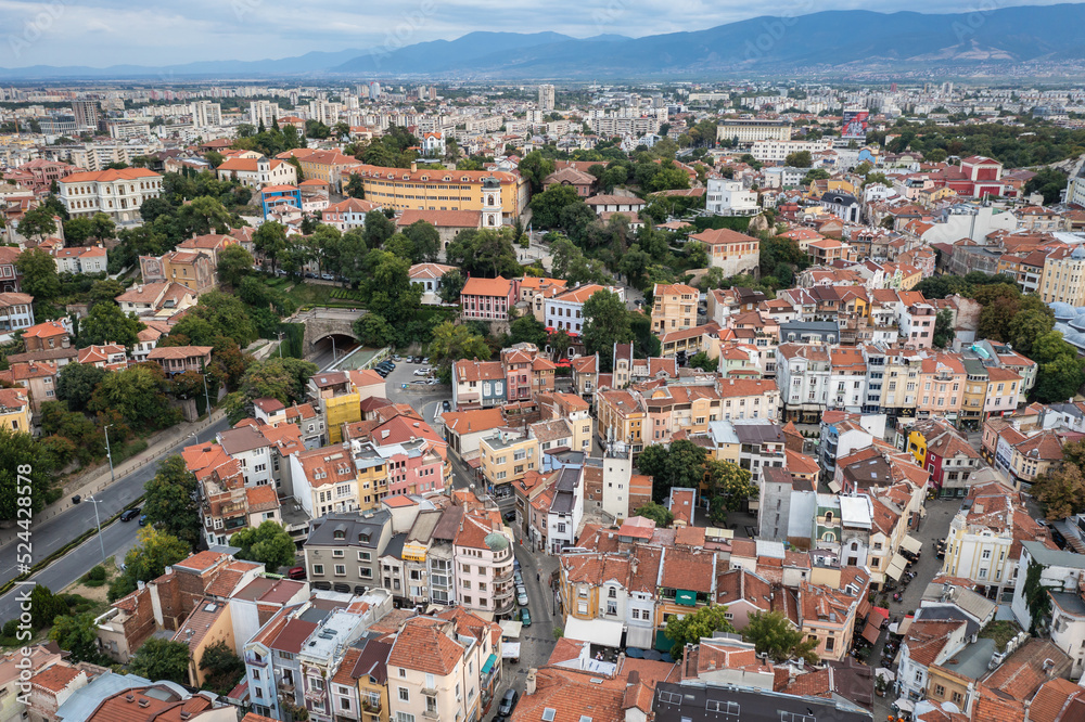 Drone photo of buildings in Kapana aera of Plovdiv city in Bulgaria