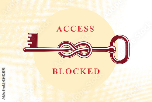 Access Denied, Knotted key allegorical symbol, vintage antique turnkey in a knot, blocked account, personal data protection, hacker and fraud attack, vector logo.