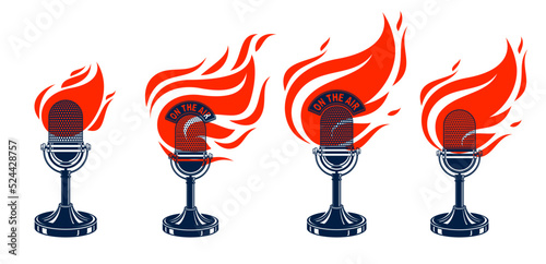 Microphone on fire, hot mic in flames, rap battle rhymes music, karaoke singing or standup comedy, vector logos or illustrations set, concert festival or night club labela, t-shirt prints.