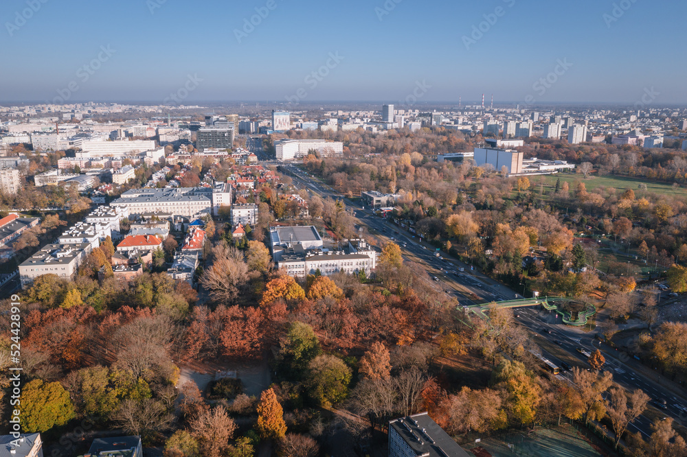 Aerial drone photo with Wawelska Street in Warsaw city, Poland