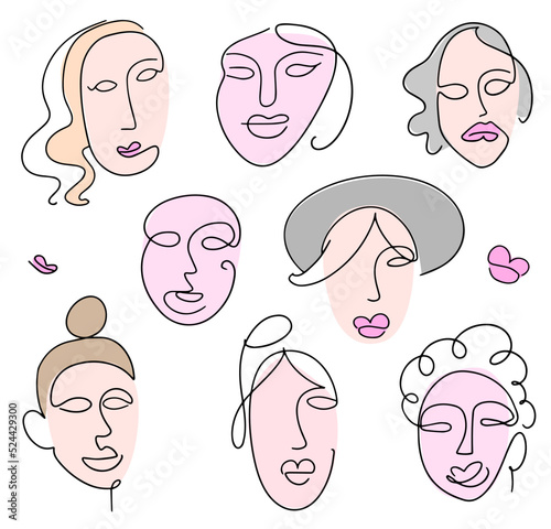 Set of abstract female faces drawn in line-art style. Vector illustration.