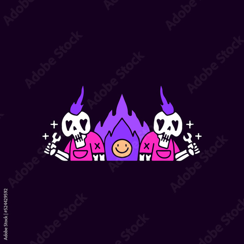 Cool skulls holding wrench with fire, illustration for t-shirt, sticker, or apparel merchandise. With doodle, retro, and cartoon style.