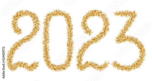 Tinsel. 2023. Lettering from a festive Christmas decoration. Fluffy numbers. Golden color. Vector illustration. Isolated white background. Cute plush message. coming year. Rustling lettering. 